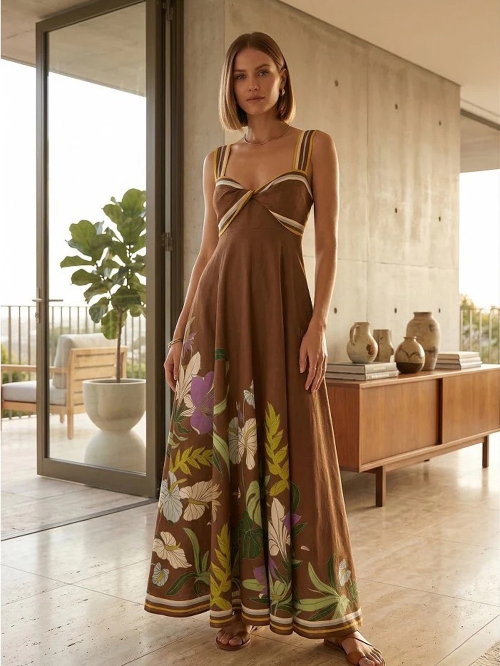 NWT Brown Floral Maxi Dress with Twist-Front Bodice